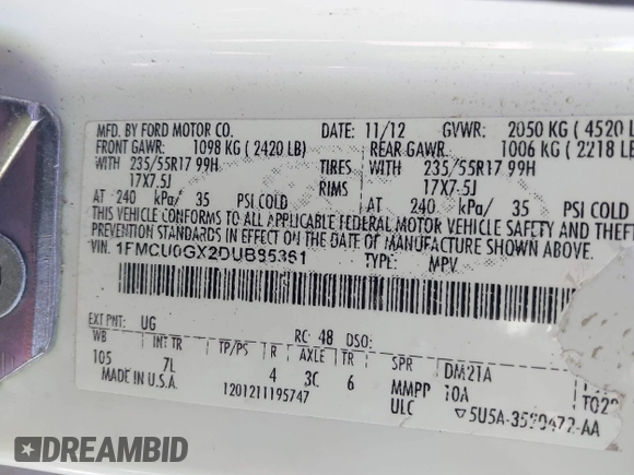 2013 Ford Escape SE with VIN 1FMCU0GX2DUB85361, listed as a IAAI auction lot 42552881 with 211,032 mi miles and . Bid and sale history available at DreamBid. Image 9.