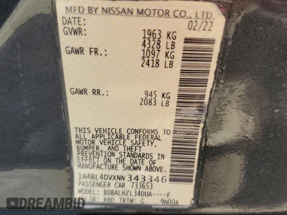 2022 Nissan Altima SV z VIN 1N4BL4DVXNN343346, wystawiony jako Copart lot #59208975 z przebiegiem 56 711 mil mil oraz Nie do naprawy • Non repairable. Historia ofert i sprzedaży dostępna na DreamBid. Obrazek 12.
