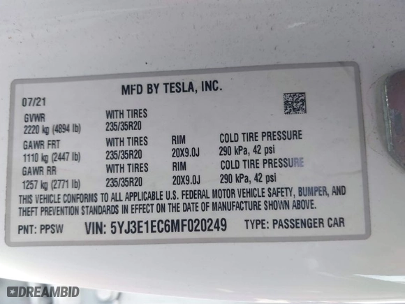 2021 Tesla Model 3 Performance with VIN 5YJ3E1EC6MF020249, listed as a IAAI auction lot 41615863 with 1 mi miles. Bid and sale history available at carsss.com. Image 8.