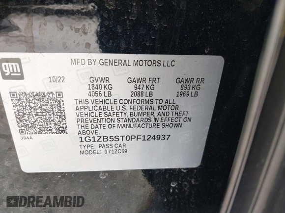 2023 Chevrolet Malibu LS with VIN 1G1ZB5ST0PF124937, listed as a IAAI auction lot 41868219 with 50,851 mi miles and . Bid and sale history available at DreamBid. Image 9.
