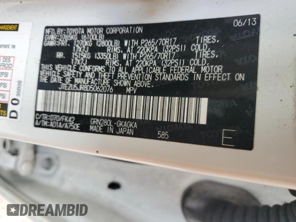 2013 Toyota 4Runner SR5 with VIN JTEZU5JR8D5062076, listed as a Copart auction lot 50718195 with 76,226 mi miles and Salvage Title. Bid and sale history available at DreamBid. Image 14.