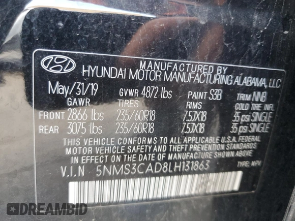 2020 Hyundai Santa Fe SEL with VIN 5NMS3CAD8LH131863, listed as a Copart auction lot 53860585 with 103,141 mi miles and Clean Title. Bid and sale history available at carsss.com. Image 13.