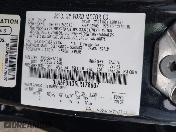 2020 Ford Fusion SE z VIN 3FA6P0HD5LR178607, wystawiony jako IAAI lot #42094774 z przebiegiem 123 341 mil mil oraz . Historia ofert i sprzedaży dostępna na DreamBid. Obrazek 9.