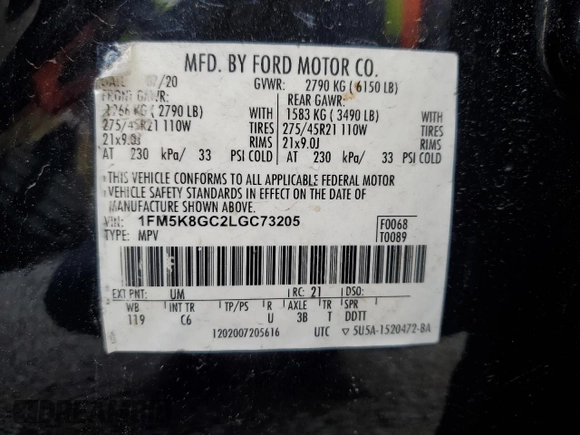 2020 Ford Explorer ST with VIN 1FM5K8GC2LGC73205, listed as a Copart auction lot 51080725 with 128,257 mi miles and Salvage Title. Bid and sale history available at DreamBid. Image 13.