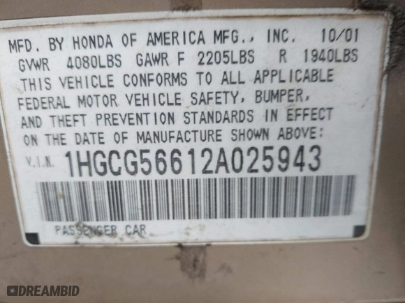 2002 Honda Accord Sdn EX with VIN 1HGCG56612A025943, listed as a IAAI auction lot 41504592 with 191,687 mi miles. Bid and sale history available at carsss.com. Image 9.