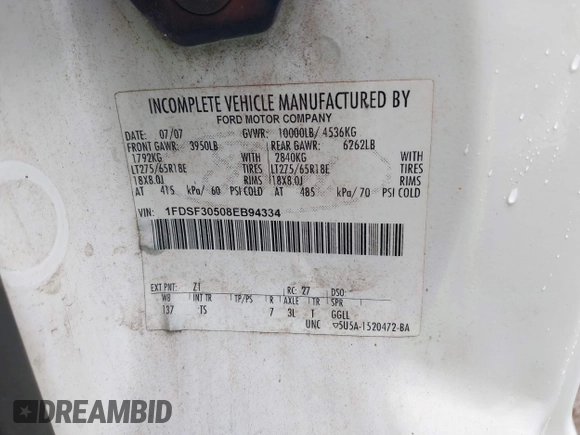 2008 Ford F-350 with VIN 1FDSF30508EB94334, listed as a IAAI auction lot 42244786 with 279,572 mi miles and . Bid and sale history available at DreamBid. Image 9.