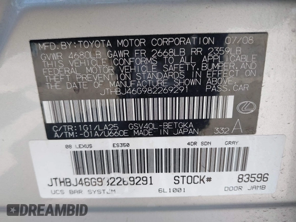 2008 Lexus ES 350 with VIN JTHBJ46G982269291, listed as a IAAI auction lot 42114868 with 81,376 mi miles. Bid and sale history available at carsss.com. Image 9.