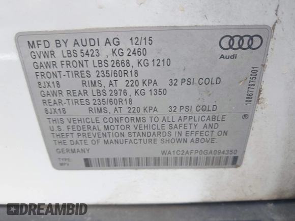 2016 Audi Q5 Premium with VIN WA1C2AFP0GA094350, listed as a IAAI auction lot 42336515 with 146,227 mi miles and . Bid and sale history available at DreamBid. Image 9.