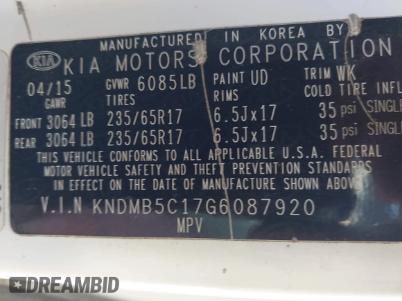 2016 Kia Sedona LX with VIN KNDMB5C17G6087920, listed as a IAAI auction lot 41652605 with 159,274 mi miles. Bid and sale history available at carsss.com. Image 9.