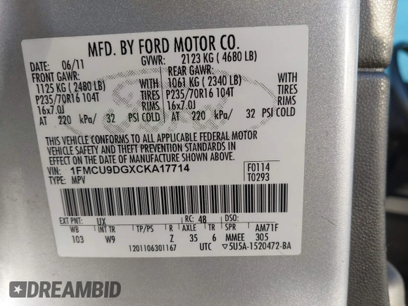 2012 Ford Escape XLT with VIN 1FMCU9DGXCKA17714, listed as a IAAI auction lot 41787003 with 179,074 mi miles and . Bid and sale history available at DreamBid. Image 9.