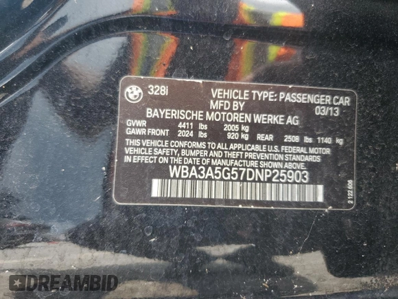 2013 BMW 3 Series 328i with VIN WBA3A5G57DNP25903, listed as a Copart auction lot 62056675 with 114,036 mi miles and Salvage title. Bid and sale history available at DreamBid. Image 12.