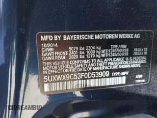2015 BMW X3 xDrive28i with VIN 5UXWX9C53F0D53909, listed as a IAAI auction lot 41935051 with 122,775 mi miles and . Bid and sale history available at DreamBid. Image 9.