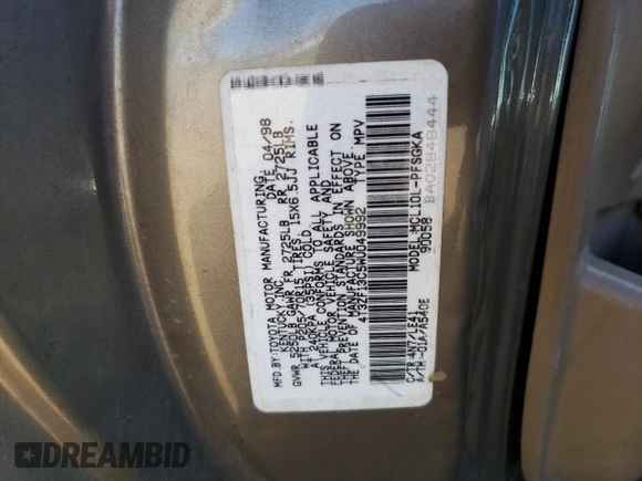1998 Toyota Sienna LE with VIN 4T3ZF13C5WU049992, listed as a Copart auction lot 74492774 with 174,751 mi miles and Salvage Title. Bid and sale history available at carsss.com. Image 14.