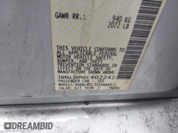 2014 Nissan Altima 2.5 S with VIN 1N4AL3APXEC402242, listed as a IAAI auction lot 42037912 with 140,010 mi miles. Bid and sale history available at carsss.com. Image 9.