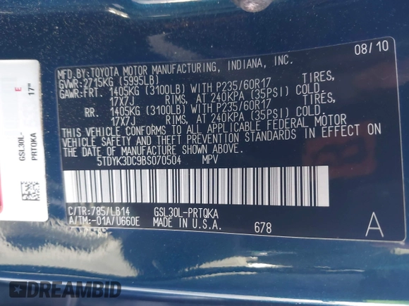 2011 Toyota Sienna XLE AAS with VIN 5TDYK3DC9BS070504, listed as a IAAI auction lot 42046045 with 193,066 mi miles and . Bid and sale history available at DreamBid. Image 9.