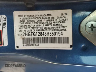 2008 Honda Civic Cpe EX with VIN 2HGFG12848H550194, listed as a Copart auction lot 53141495 with 342,648 mi miles and Clean Title. Bid and sale history available at carsss.com. Image 12.