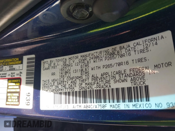2015 Toyota Tacoma with VIN 3TMLU4ENXFM177755, listed as a IAAI auction lot 41867145 with 123,551 mi miles and . Bid and sale history available at DreamBid. Image 9.