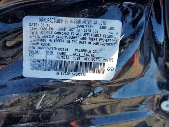 2016 Infiniti Q50 3.0t Premium with VIN JN1EV7AP1GM302186, listed as a Copart auction lot 86190194 with 0 mi miles and Salvage Title. Bid and sale history available at carsss.com. Image 13.