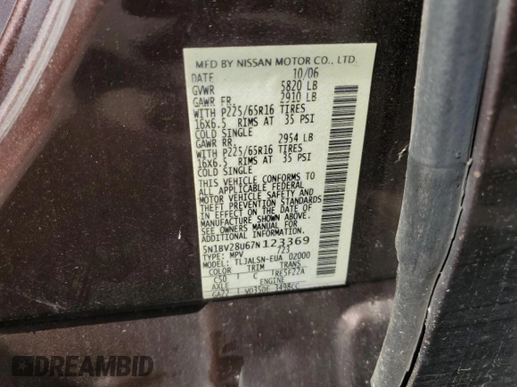 2007 Nissan Quest S with VIN 5N1BV28U67N123369, listed as a Copart auction lot 73478264 with 0 mi miles and Salvage Title. Bid and sale history available at carsss.com. Image 13.