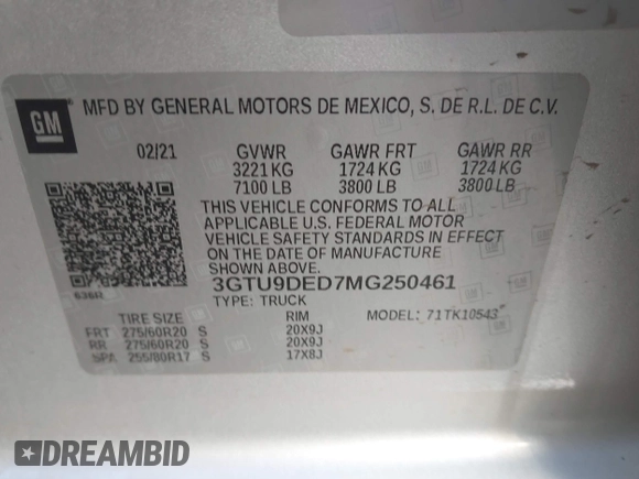2021 GMC Sierra 1500 SLT z VIN 3GTU9DED7MG250461, wystawiony jako IAAI lot #41460881 z przebiegiem 89 344 mil mil oraz . Historia ofert i sprzedaży dostępna na DreamBid. Obrazek 9.