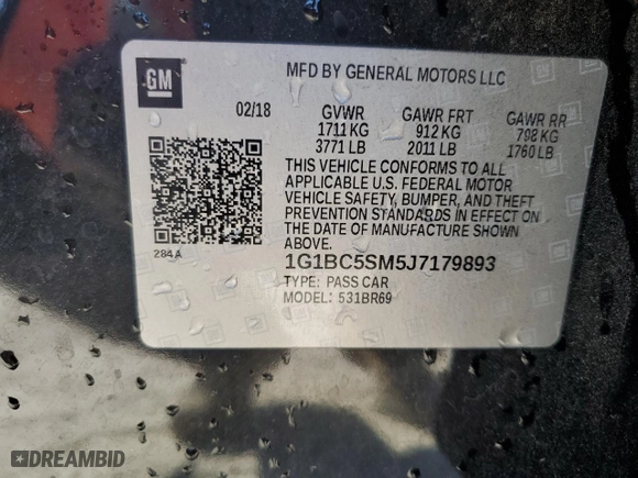 2018 Chevrolet Cruze LS with VIN 1G1BC5SM5J7179893, listed as a Copart auction lot 46711825 with 109,024 mi miles and Salvage Title. Bid and sale history available at carsss.com. Image 12.