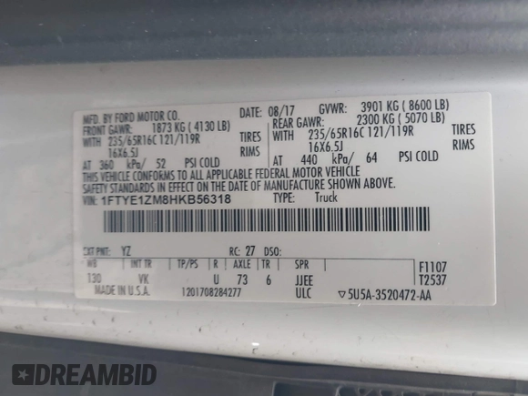 2017 Ford Transit с VIN 1FTYE1ZM8HKB56318, выставлен на аукционе IAAI как лот 41344630 с пробегом 168 462 миль миль и . История ставок и продаж доступна на DreamBid. Изображение 9.