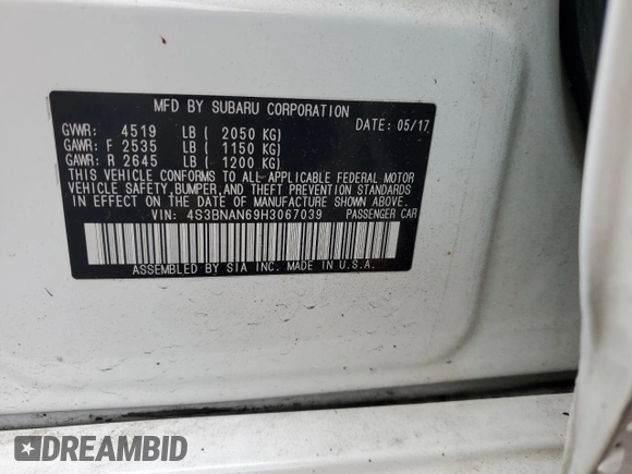 2017 Subaru Legacy Limited with VIN 4S3BNAN69H3067039, listed as a Copart auction lot 55984035 with 114,586 mi miles and Salvage title. Bid and sale history available at DreamBid. Image 12.