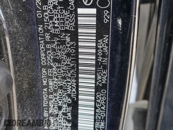 2020 Toyota Prius L Eco z VIN JTDKARFU7L3111913, wystawiony jako Copart lot #54544995 z przebiegiem 85 988 mil mil oraz Szkoda całkowita • Salvage title. Historia ofert i sprzedaży dostępna na DreamBid. Obrazek 13.