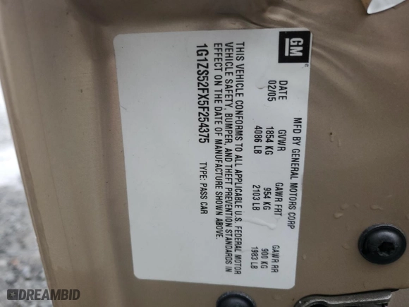 2005 Chevrolet Malibu with VIN 1G1ZS52FX5F254375, listed as a Copart auction lot 49496314 with 106,654 mi miles and Salvage Title. Bid and sale history available at carsss.com. Image 12.