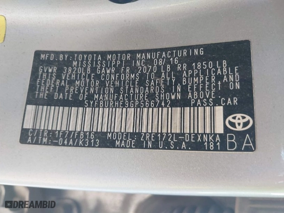 2016 Toyota Corolla L with VIN 5YFBURHE9GP566742, listed as a IAAI auction lot 41771845 with 130,601 mi miles. Bid and sale history available at carsss.com. Image 9.