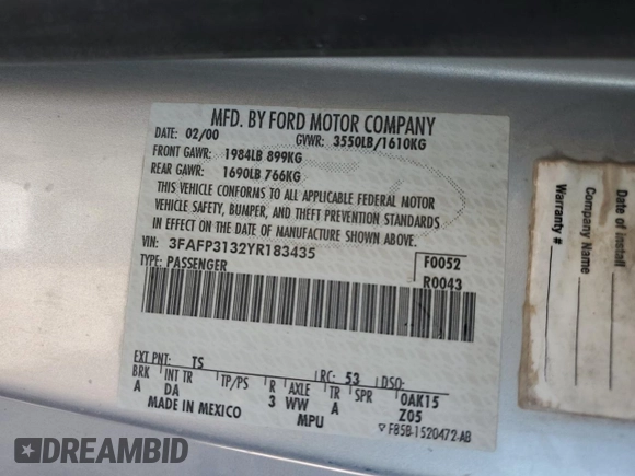 2000 Ford Focus ZX3 with VIN 3FAFP3132YR183435, listed as a Copart auction lot 60214034 with Not provided miles and Salvage title. Bid and sale history available at DreamBid. Image 12.