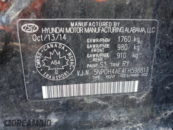 2015 Hyundai Elantra SE with VIN 5NPDH4AE4FH598813, listed as a Copart auction lot 65006625 with 161,770 mi miles and Salvage title. Bid and sale history available at DreamBid. Image 13.