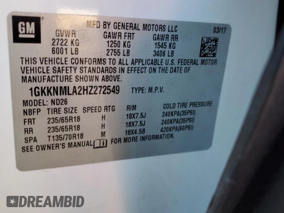 2017 GMC Acadia SLT with VIN 1GKKNMLA2HZ272549, listed as a Copart auction lot 87249404 with 96,730 mi miles and Salvage Title. Bid and sale history available at carsss.com. Image 13.