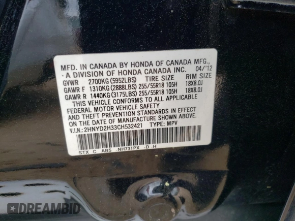 2012 Acura MDX Tech Pkg with VIN 2HNYD2H33CH532421, listed as a Copart auction lot 51324075 with 158,501 mi miles and Salvage Title. Bid and sale history available at carsss.com. Image 13.