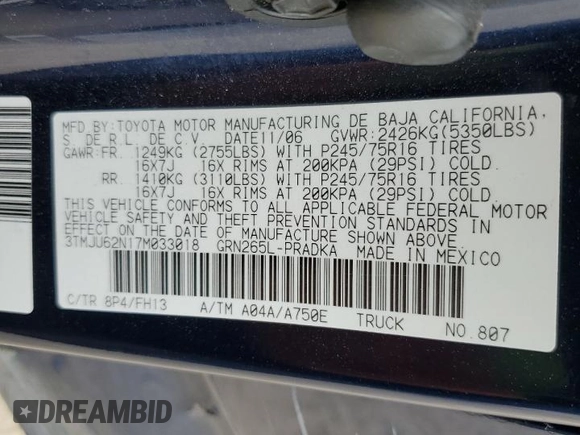 2007 Toyota Tacoma PreRunner with VIN 3TMJU62N17M033018, listed as a Copart auction lot 48413185 with 167,735 mi miles and Salvage Title. Bid and sale history available at DreamBid. Image 14.
