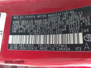 2012 Toyota Corolla L with VIN 2T1BU4EE0CC857650, listed as a IAAI auction lot 42143169 with 157,000 mi miles and . Bid and sale history available at DreamBid. Image 9.
