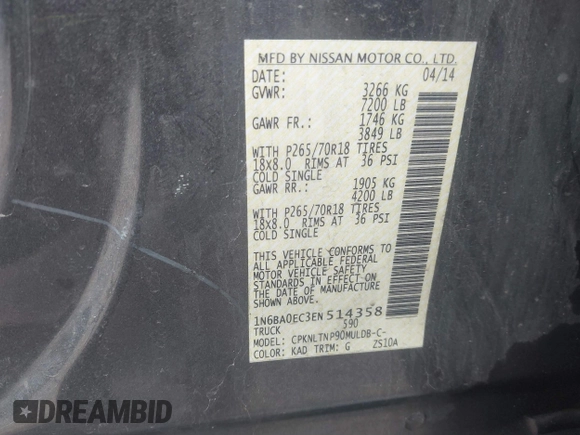 2014 Nissan Titan Pro-4X with VIN 1N6BA0EC3EN514358, listed as a IAAI auction lot 41636363 with 166,201 mi miles and . Bid and sale history available at DreamBid. Image 9.