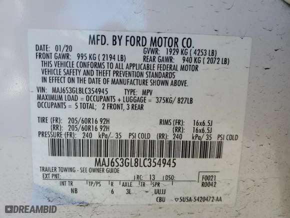 2020 Ford EcoSport SE with VIN MAJ6S3GL8LC354945, listed as a Copart auction lot 50928365 with 30,901 mi miles and Salvage Title. Bid and sale history available at carsss.com. Image 15.