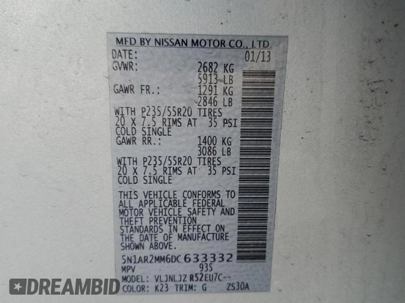 2013 Nissan Pathfinder Platinum with VIN 5N1AR2MM6DC633332, listed as a Copart auction lot 47491855 with 157,924 mi miles and Salvage Title. Bid and sale history available at carsss.com. Image 15.