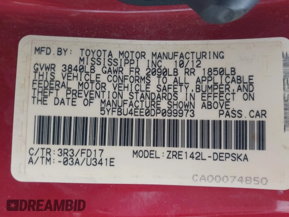 2013 Toyota Corolla L with VIN 5YFBU4EE0DP099973, listed as a IAAI auction lot 41940516 with 95,439 mi miles. Bid and sale history available at carsss.com. Image 9.