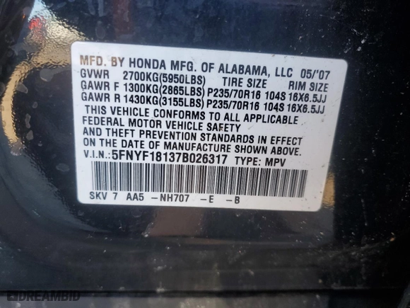 2007 Honda Pilot LX with VIN 5FNYF18137B026317, listed as a Copart auction lot 46458695 with 186,862 mi miles and Salvage Title. Bid and sale history available at carsss.com. Image 15.
