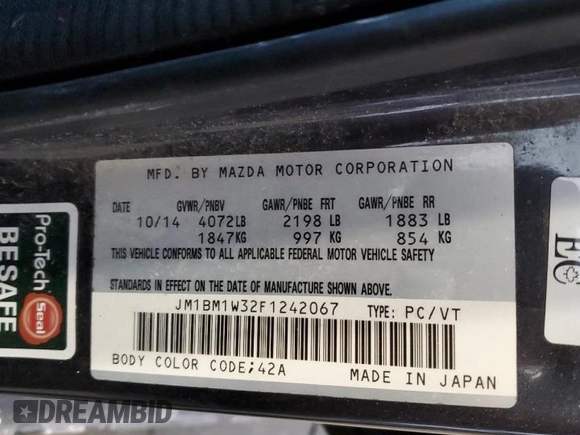 2015 Mazda 3 S Grand Touring with VIN JM1BM1W32F1242067, listed as a Copart auction lot 45106154 with 147,435 mi miles and Salvage Title. Bid and sale history available at DreamBid. Image 12.