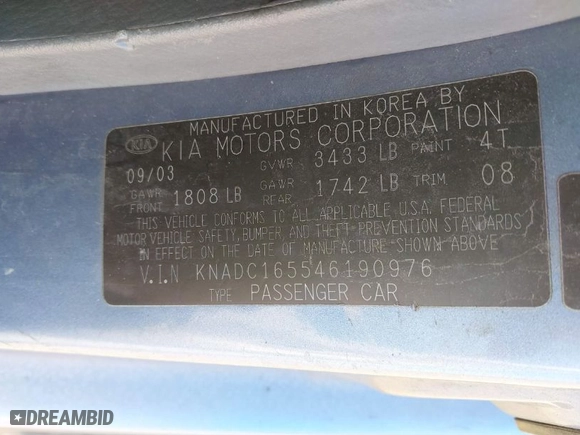 2004 Kia Rio with VIN KNADC165546190976, listed as a IAAI auction lot 41412051 with 186,378 mi miles. Bid and sale history available at carsss.com. Image 9.