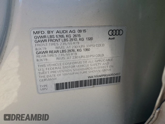 2016 Audi Q5 с VIN WA1VVAFP8GA050497, выставлен на аукционе Copart как лот 82776484 с пробегом 129 586 миль миль и Списание • Salvage title. История ставок и продаж доступна на DreamBid. Изображение 14.