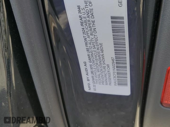 2022 Audi A5 Sportback Premium Plus z VIN WAUCBCF51NA029467, wystawiony jako Copart lot #81144114 z przebiegiem 20 622 mil mil oraz Szkoda całkowita • Salvage title. Historia ofert i sprzedaży dostępna na DreamBid. Obrazek 14.
