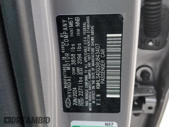 2024 Hyundai Elantra SEL with VIN KMHLS4DG3RU843407, listed as a Copart auction lot 44775405 with 1,904 mi miles and Salvage title. Bid and sale history available at DreamBid. Image 12.