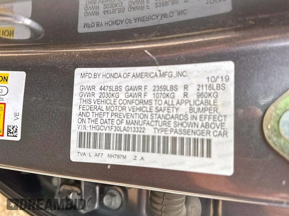 2020 Honda Accord Sport with VIN 1HGCV1F30LA013322, listed as a Copart auction lot 65007465 with 46,800 mi miles and Clean title. Bid and sale history available at DreamBid. Image 10.