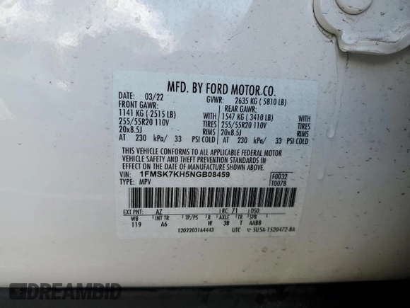2022 Ford Explorer ST-Line with VIN 1FMSK7KH5NGB08459, listed as a Copart auction lot 44823395 with 48,305 mi miles and Salvage Title. Bid and sale history available at carsss.com. Image 14.