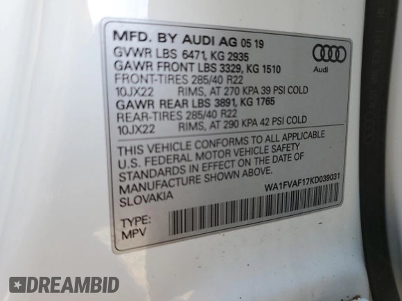 2019 Audi Q8 Prestige with VIN WA1FVAF17KD039031, listed as a Copart auction lot 52422685 with 62,099 mi miles and Salvage title. Bid and sale history available at DreamBid. Image 15.