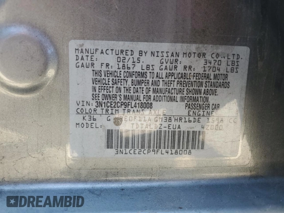 2015 Nissan Note SR with VIN 3N1CE2CP9FL418008, listed as a Copart auction lot 60336955 with 104,190 mi miles and Salvage title. Bid and sale history available at DreamBid. Image 12.